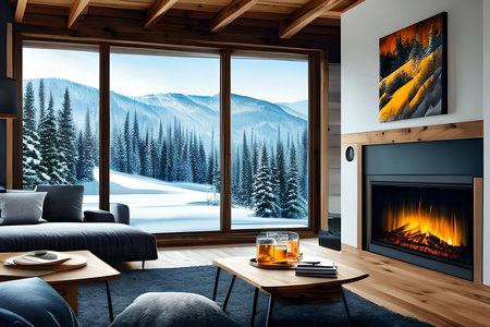 Interior of modern living room with fireplace, wooden floor and wooden armchair. 3d renderingの素材