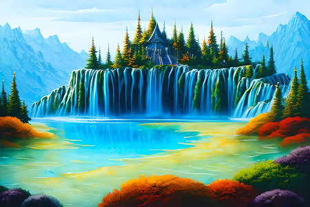 Beautiful fantasy landscape with waterfall and temple in mountains. Digital painting.の素材