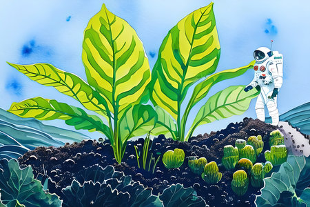 Astronaut on the green planet with plants. Vector illustration.の素材