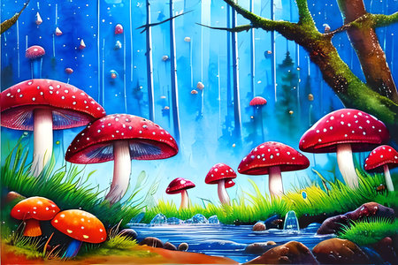 Fantasy landscape with mushrooms in the forest. Illustration for childrenの素材