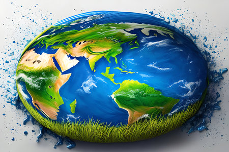 Earth planet with green grass and blue sky. 3D illustration.の素材