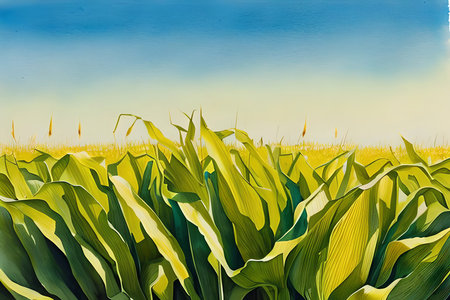 Field of corn with the blue sky in the background. Digital painting.の素材