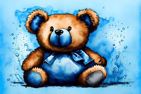 Cute teddy bear sitting on blue watercolor splash background.の素材