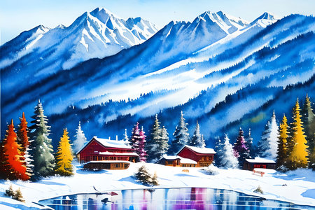Beautiful winter landscape with snow covered mountains. Digital painting on canvas.の素材