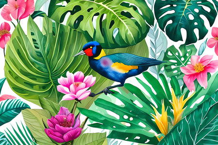 Tropical background with flowers, leaves and birds. Vector illustrationの素材
