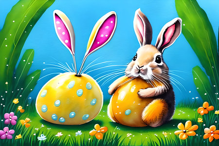 Easter bunny with Easter egg on the meadow. Vector illustration.の素材