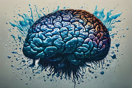 Brain with colorful paint splashes. 3D illustration. Toned.の素材