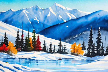 Winter landscape with mountains, lake and pine trees. Watercolor paintingの素材