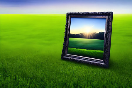 Picture frame on green meadow and blue sky. Nature background.の素材