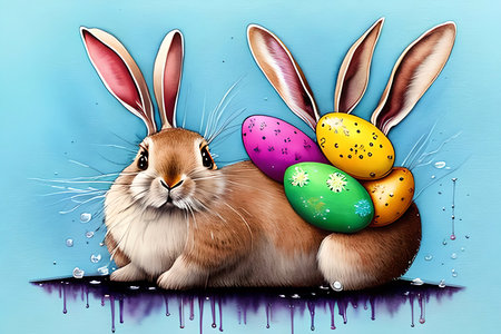 Easter bunny with colorful eggs on blue background. Vector illustration.の素材