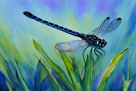 Blue dragonfly on a background of green grass. Digital painting.の素材