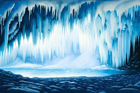 Winter landscape with ice cave. Digital art painting. 3d renderingの素材