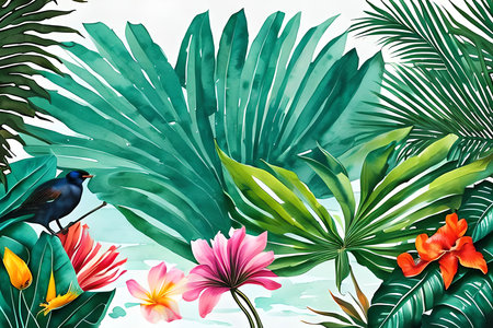 Tropical background with palm leaves and flowers. Watercolor illustrationの素材