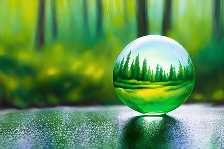 Green forest in glass ball with water drops. 3d render.の素材