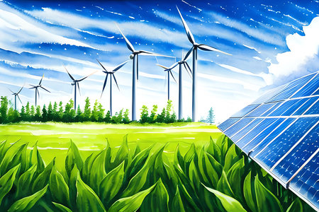 Solar energy panels and wind turbines. Renewable green energy concept.の素材