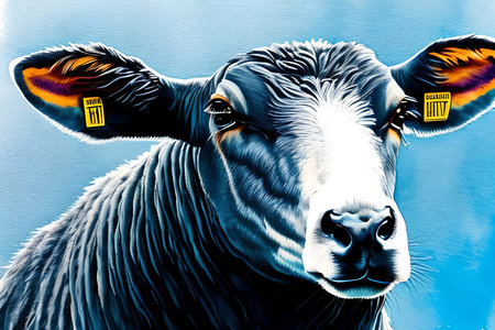 Cow head on blue background. Digital art painting. Vector illustration.の素材