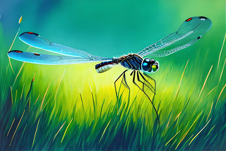 Dragonfly on the green grass. Vector illustration. Eps 10.の素材