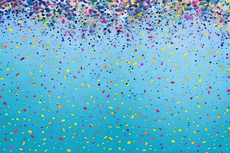 Colorful confetti and ribbons on a blue background with copy spaceの素材