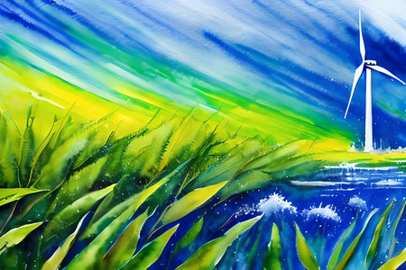 Wind turbines in the field. Renewable energy concept. Watercolor illustration.の素材
