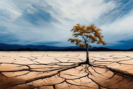 Desert landscape with dry ground and tree. Global warming concept.の素材