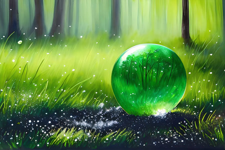 Green planet in the forest with grass and water drops on it.の素材