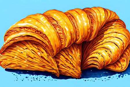3d illustration of a stack of orange croissants on a blue backgroundの素材