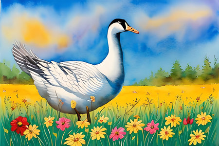 Illustration of a white goose on a meadow with yellow flowersの素材