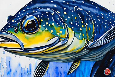 watercolor painting of a big fish on a white background closeupの素材