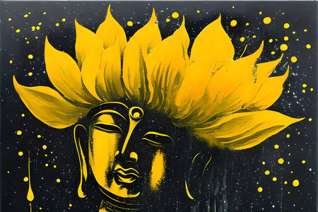 Hand drawn illustration of a woman with sunflowers in her hair.の素材