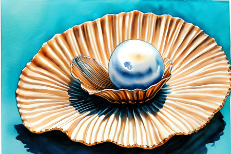 3d illustration of a pearl in a shell on a blue backgroundの素材