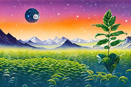 Illustration of a fantasy landscape with trees and a moon in the skyの素材