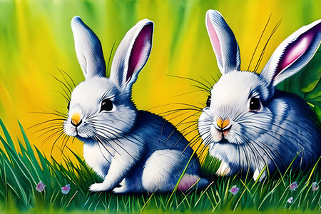 Two cute rabbits in the grass. Illustration for children's design.の素材