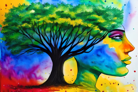 Beautiful woman face with abstract tree. Colorful painting on canvas.の素材
