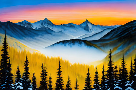 Mountain landscape at sunset. Artistic style. Beauty world.の素材