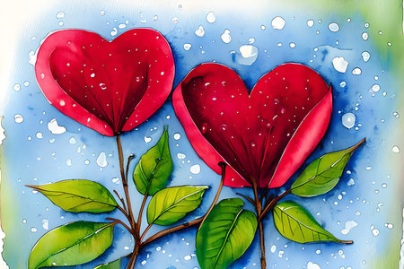 Valentine's day background with red hearts and leaves. Vector illustration.の素材