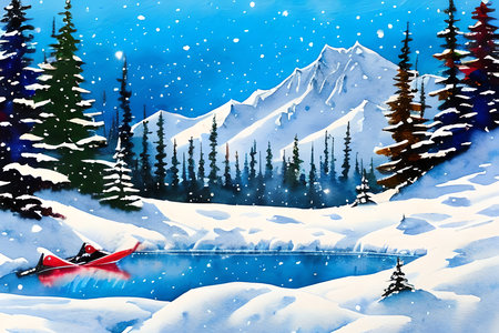 Snowy winter landscape with a snowmobile in the foreground. Illustrationの素材