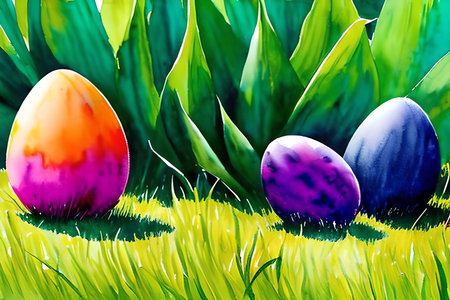 Easter eggs in the grass. Easter background. Vector illustration.の素材