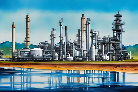 Oil and gas refinery plant with reflection in water. 3D renderingの素材