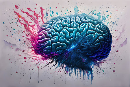 Abstract human brain with colorful paint splashes on white background. 3D renderingの素材