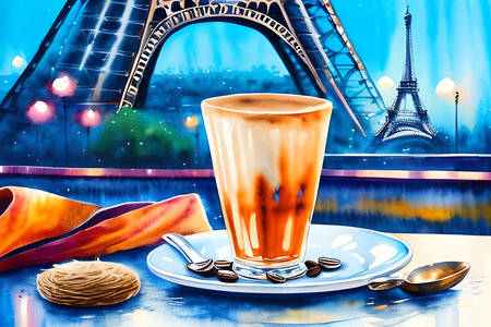 Cup of coffee with dessert on the background of the Eiffel towerの素材