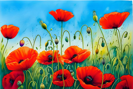 poppies in the meadow on blue sky background, vector illustrationの素材