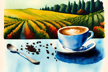 Coffee cup and coffee beans on the background of landscape.の素材