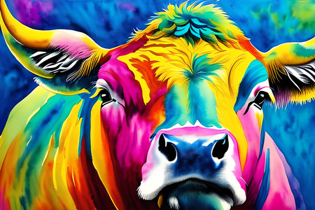 Colorful bull head on abstract colorful background. Digital art painting.の素材