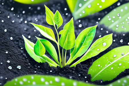 Green plant with water drops on a black background. 3d illustrationの素材