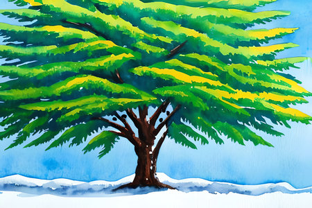 Hand drawn watercolor illustration of a tree in the snow on a blue backgroundの素材