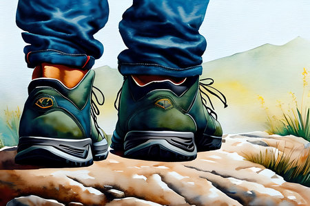 Hiking boots on the rock. Digital watercolor painting illustration.の素材