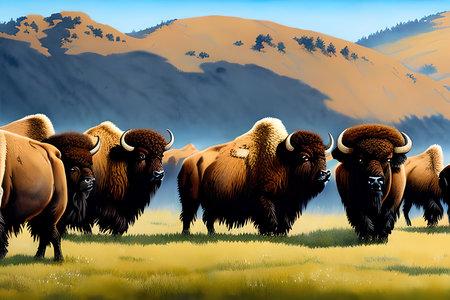 Bison on the meadow in the mountains. Cartoon illustration.の素材