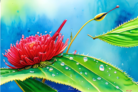 Red flower with water drops on a green leaf. Illustration.の素材