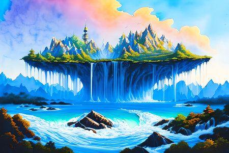 Fantasy landscape with waterfall and mountains. Digital painting on canvas.の素材