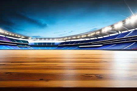 Empty wooden floor and stadium at night with blue lights. Vector illustrationの素材
